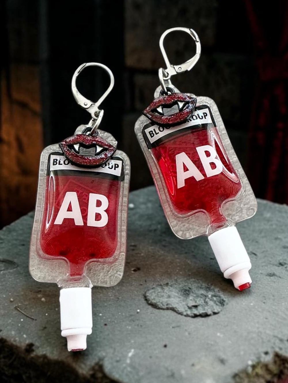 🆕 AB Blood Bag with Vampire Teeth Dangle Earrings